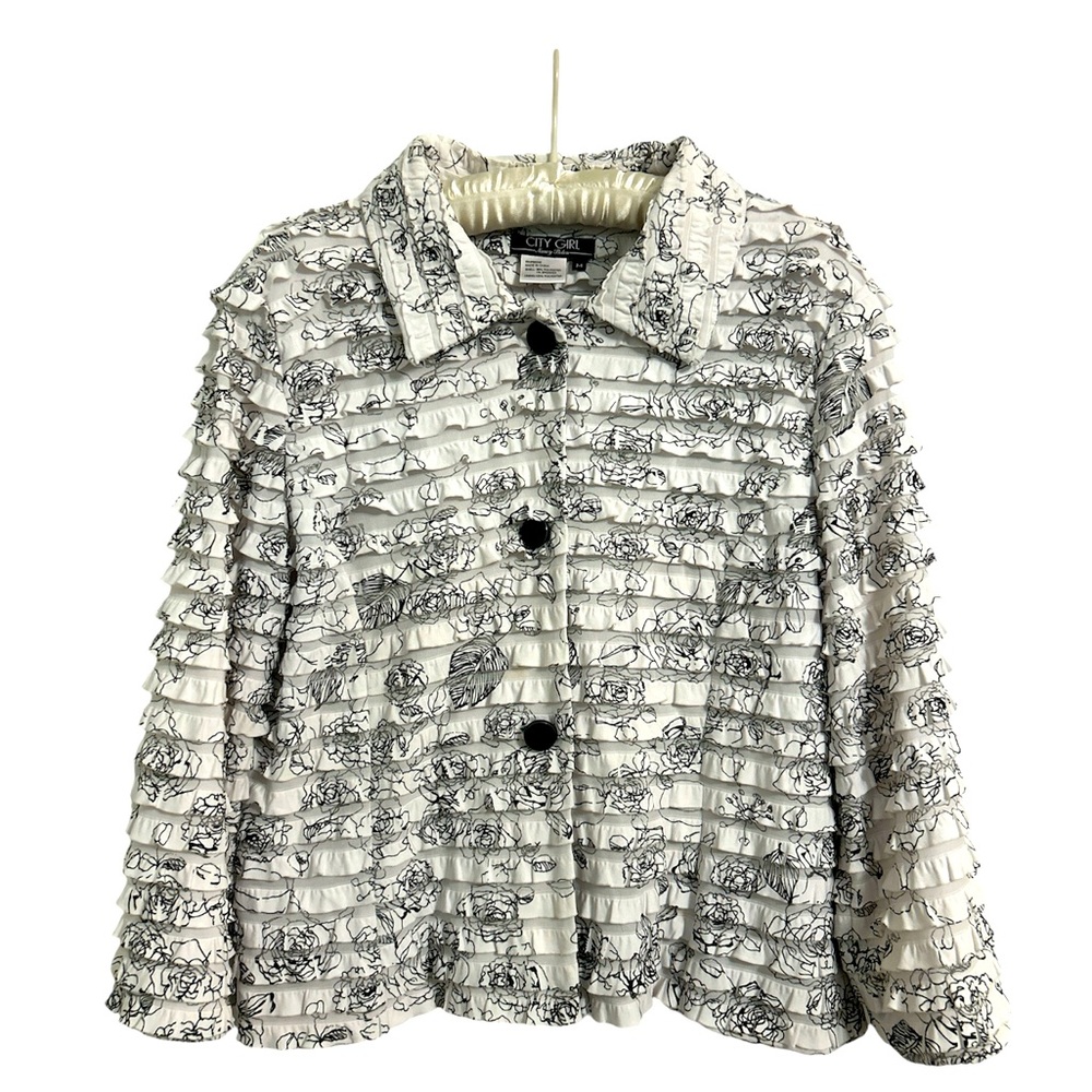 Nancy Bolen Black and White Printed Ruffled Jacket Size M
